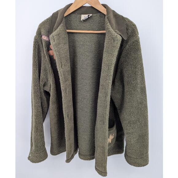 Vintage Green Floral Faux Fleece Teddi Button Close Flower Coat Jacket Size L - Picture 2 of 5